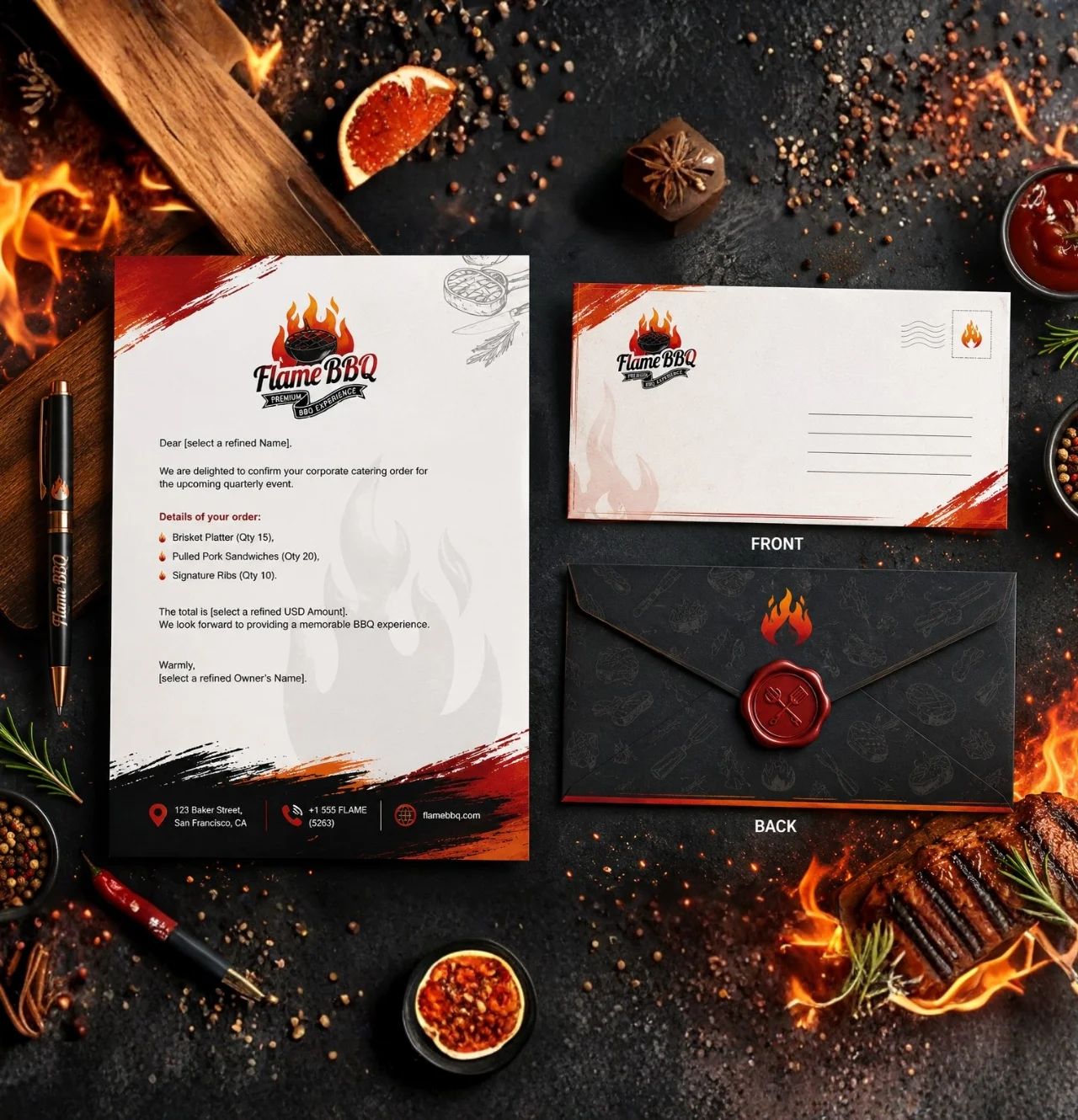 Flame BBQ letterhead stationery set